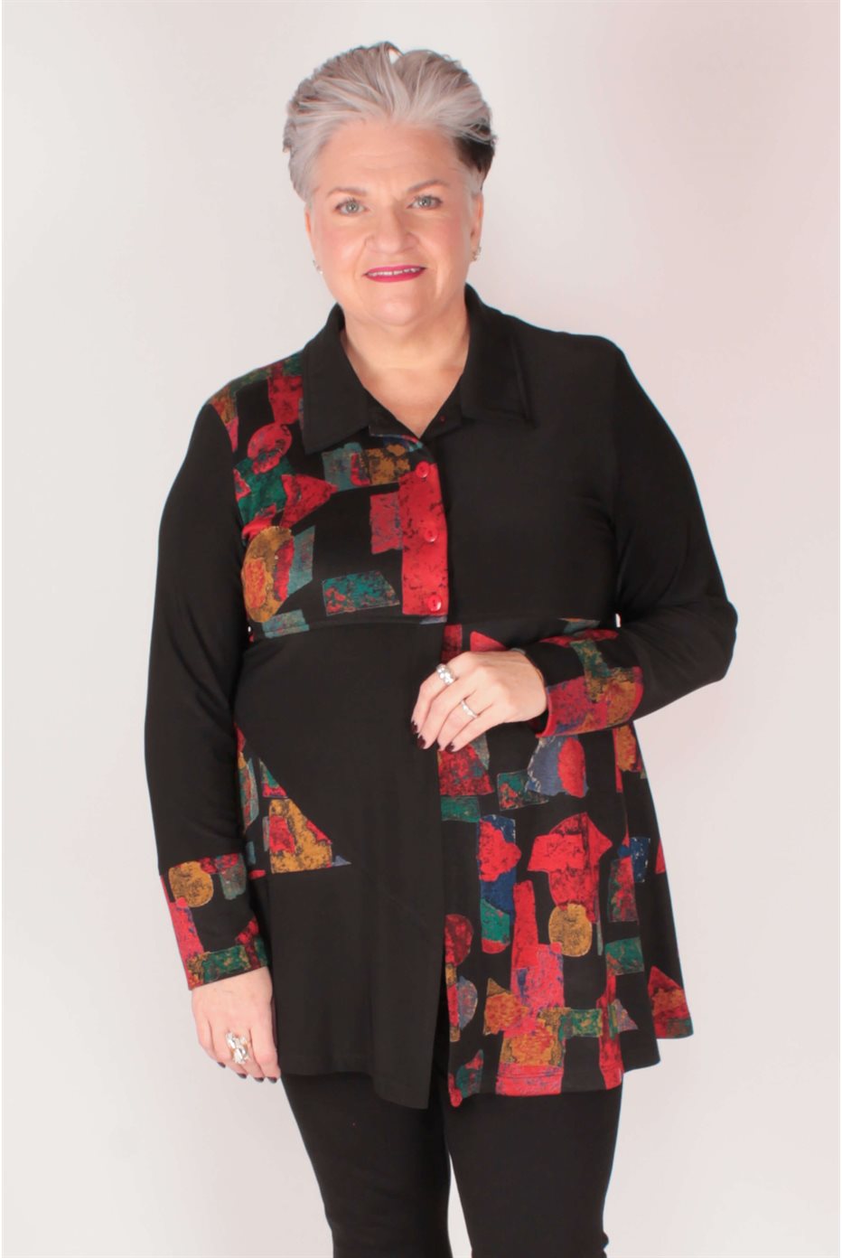 Black / Red Front Button Tunic